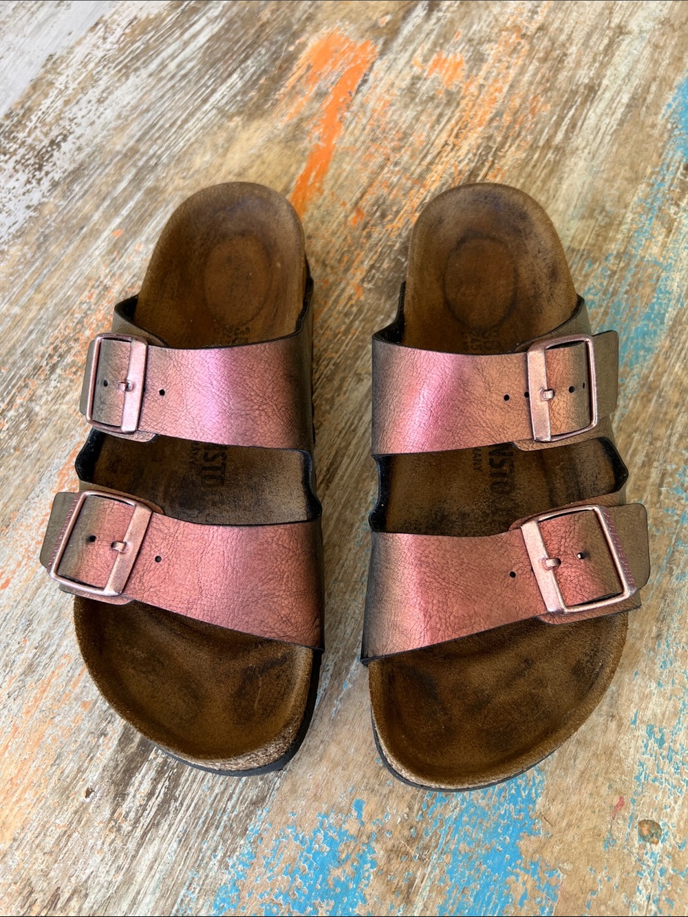 Birkenstock Arizona Two-Strap Sandal in Metallic Copper Brown